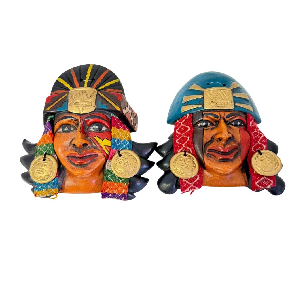 Unbranded Peruvian Folk Art Wall Mask Ceramic Multicolor Incan Warrior Decor 6in